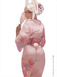 asian_clothing clothing dark_body dark_skin east_asian_clothing female hair hand_fan japanese_clothing kimono looking_at_viewer looking_back pink_clothing pink_eyes rabbit_ears smile smiling_at_viewer solo white_hair zefrableu my_hero_academia rumi_usagiyama animal_humanoid humanoid lagomorph lagomorph_humanoid mammal mammal_humanoid hi_res