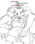 anthro balls belly big_belly erection eyes_closed eyewear genitals glasses group male male/male mature_male moobs nipples overweight overweight_male penis sitting text bravo canid canine canis domestic_dog mammal 2023 english_text sketch