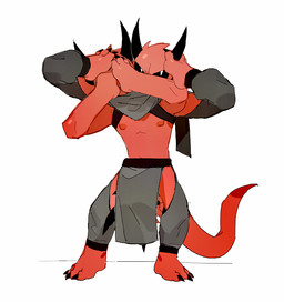 3_heads 4_arms bottomwear clothed clothing crotch_head foot_hands loincloth male multi_arm multi_head multi_limb nipples skimpy unusual_anatomy pastry404 demon humanoid
