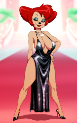 anthro ballroom big_breasts black_clothing black_dress bracelet breasts bright_background cleavage clothed clothing dress eyelashes eyeshadow female footwear hair hallway hand_behind_butt hand_on_hip hand_on_leg high_heels ineffective_clothing jewelry lipstick looking_at_viewer makeup necklace red_carpet red_hair shoes slit_dress smile smiling_at_viewer solo stairwell crovirus disney goof_troop peg_pete canid canine canis domestic_cat domestic_dog felid feline felis mammal absurd_res hi_res