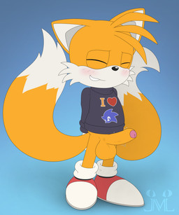 2_tails anthro balls big_balls big_penis black_clothing black_sweater black_topwear blush bottomless bottomless_anthro bottomless_male cheek_tuft clothed clothing dipstick_tail embarrassed erection eyes_closed facial_tuft footwear foreskin fur genitals glans humanoid_genitalia humanoid_penis male markings multi_tail orange_body orange_fur partially_retracted_foreskin penis shoes small_but_hung smile solo sweater tail tail_markings topwear tuft white_body white_fur young young_anthro young_but_hung jm-luxro sega sonic_the_hedgehog_(series) miles_prower canid canine fox mammal 5:6 absurd_res hi_res