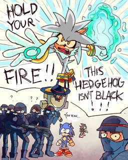 anthro armor boots clothing dialogue footwear gloves group gun handwear headgear helmet male open_mouth question_mark ranged_weapon shoes speech_bubble telekinesis text weapon yelling yellow_eyes dorefatum dragon_ball sega sonic_adventure sonic_the_hedgehog_(series) shadow_the_hedgehog silver_the_hedgehog sonic_the_hedgehog eulipotyphlan hedgehog human mammal 2025 4:5 comic english_text hi_res meme signature