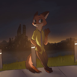 3_toes anthro barefoot building clothing detailed_background dipstick_ears dipstick_tail ear_markings feet gesture grass green_eyes light lights male markings multicolored_ears multicolored_tail necktie night outside plant plantigrade solo tail tail_markings toes waving enginetrap disney zootopia nick_wilde canid canine fox mammal red_fox true_fox 1:1 digital_media_(artwork) hi_res shaded
