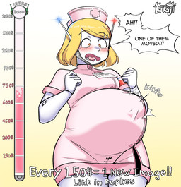 blush breasts clothing donation_drive female fetal_movement machine not_furry nurse nurse_clothing pregnant solo text tsukiji millie_(tsukiji) android humanoid robot english_text hi_res
