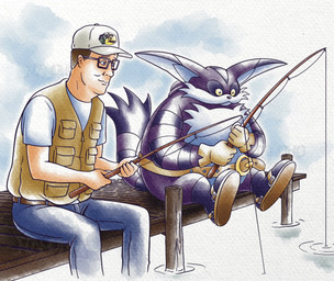 anthro belly brown_hair clothing duo eyewear fishing fishing_rod fur glasses hair hat headgear headwear male overweight pier purple_body purple_fur sitting topwear vest mamonoworld bass_pro_shops king_of_the_hill sega sonic_the_hedgehog_(series) big_the_cat hank_hill domestic_cat felid feline felis human mammal 2026 hi_res
