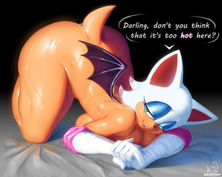 anthro ass_up big_breasts big_butt bodily_fluids breasts butt clothing eyeshadow female fur glistening glistening_body glistening_breasts glistening_eyes glistening_skin gloves hair handwear lipstick looking_at_viewer low-angle_view makeup membrane_(anatomy) membranous_wings nude nude_anthro nude_female orange_body orange_fur seductive simple_background smile solo spread_legs spreading sweat sweaty_body sweaty_butt sweaty_legs sweaty_thighs tail teeth text thick_thighs white_body white_clothing white_fur white_gloves white_handwear wide_hips wings gnida_nsfw sega sonic_the_hedgehog_(series) rouge_the_bat bat mammal absurd_res digital_media_(artwork) english_text hi_res