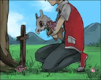 bone bone_mask carrying_another cloud cross duo feral flower grass grave kneeling male mask outside plant skull skull_mask sky tree unknown_artist nintendo pokemon pokemon_trainer red_(pokemon) cubone generation_1_pokemon human mammal pokemon_(species) low_res