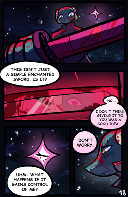 anthro blood bodily_fluids clothed clothing dialogue duo female horn melee_weapon speech_bubble sword text weapon yellow_eyes brradett lernie_(brradett) love_goddess_(brradett) scalie absurd_res colored comic digital_media_(artwork) english_text hi_res