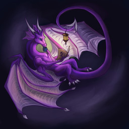 blue_eyes book claws female feral holding_object horn lamp lantern lying membrane_(anatomy) membranous_wings nude purple_body purple_skin reading solo tail wings conditional_dnp oksara mythology dragon mythological_creature mythological_scalie scalie 1:1 hi_res
