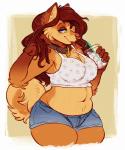 anthro belly bendy_straw beverage big_breasts bottomwear breasts clothing collar crop_top deep_navel denim denim_clothing drinking_straw eyewear female glasses hair midriff navel piercing shirt shorts slightly_chubby solo standing thick_thighs topwear yellow_eyes jayboppity tallulah_(tantrum) canid canine canis domestic_dog mammal hi_res