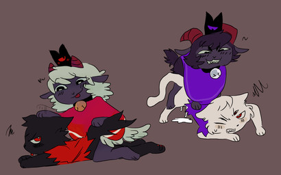 ambiguous_gender ambiguous_penetration annoyed anthro bell bell_collar black_body black_eyes black_fur black_skin bodily_fluids bovid_horn caprine_horn clenched_teeth clothed clothed_sex clothing collar cum cum_inside doggystyle ears_down fluffy fluffy_tail from_behind_position fur genital_fluids goat_horn grin group hate_sex headpat horn looking_at_another male male/ambiguous motion_lines multi_eye penetration pivoted_ears purple_clothing red_clothing red_eyes sex smile tail teeth tongue tongue_out white_body white_fur white_wool wool_(fur) artienvy cult_of_the_lamb massive_monster_(studio) goat_(cult_of_the_lamb) lamb_(cult_of_the_lamb) narinder purple_crown_(cult_of_the_lamb) red_crown_(cult_of_the_lamb) bovid caprine domestic_cat felid feline felis goat mammal sheep absurd_res hi_res