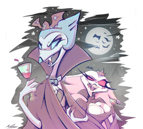 anthro big_breasts blood bodily_fluids breasts duo female male moon night red_eyes sharp_teeth teeth adam_clowery hellaverse helluva_boss andrealphus_(helluva_boss) stella_(helluva_boss) avian bat bird mammal owl owl_demon vampire brother_(lore) brother_and_sister_(lore) sibling_(lore) sister_(lore)