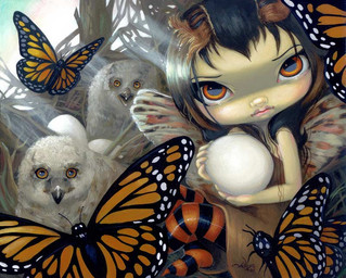 ambiguous_gender beak black_hair clothed clothing detailed_background dress egg eyebrows feathers female feral group hair lips long_hair looking_at_viewer micro open_mouth orange_eyes pink_lips pupils sitting white_body wings young jasmine_becket-griffith owlyn_(jasmine_becket-griffith) animal_humanoid arthropod avian avian_humanoid bird bird_humanoid butterfly fairy great_horned_owl horned_owl humanoid insect lepidopteran mammal monarch_butterfly owl owl_humanoid true_owl winged_humanoid 2011 dated formal_art painting_(artwork) traditional_media_(artwork) traditional_painting_(artwork)