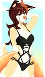 anthro big_breasts breasts brown_eyes brown_hair cleavage clothed clothing ear_piercing ear_ring eyebrows eyelashes female hair navel piercing ring_piercing slim smile solo swimwear wolflady danika_(wolflady) canid canine canis domestic_dog mammal 2022 digital_media_(artwork)