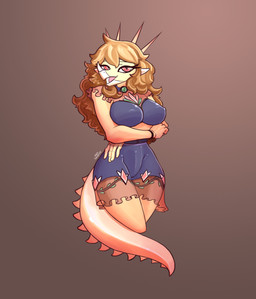 anthro arm_under_breasts big_breasts black_clothing black_dress bracelet breasts brown_background brown_hair clothed clothed_anthro clothed_female clothing dress female fingers floral_print front_view hair head_turned humanoid_hands jewelry long_hair looking_at_viewer nipple_outline non-mammal_breasts open_mouth open_smile orange_body red_eyes simple_background smile solo spiked_tail spikes spikes_(anatomy) tail tan_body text alexsavenije cavemanon_studios goodbye_volcano_high ko_op_(game_developer) snoot_game rosa_(gvh) aquilops ceratopsian dinosaur marginocephalian ornithischian prehistoric_species reptile scalie artist_name colored hi_res portrait shaded three-quarter_portrait