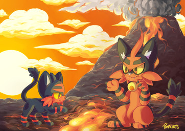 ambiguous_gender bell bell_collar black_body black_fur cloud collar cute_fangs detailed_background duo fangs featureless_crotch feral front_view fur lava on_haunches on_hind_legs outside quadruped red_body red_fur side_view size_difference sky smile smoke standing sunset teeth volcano yellow_sclera fabuponah nintendo pokemon felid generation_7_pokemon litten mammal pokemon_(species) torracat 2016 absurd_res digital_media_(artwork) digital_painting_(artwork) hi_res painting_(artwork) restricted_palette shaded signature soft_shading