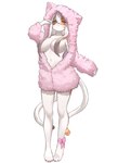 anthro blush breasts brown_hair cat_hood clothed clothing convenient_censorship exposed_breasts female fluffy_clothing fur hair hair_covering_breasts half-closed_eyes hoodie mottled multicolored_hair narrowed_eyes open_clothing open_hoodie open_topwear pajamas partially_clothed pawpads piebald ribbons simple_background solo standing stretching topwear two_tone_hair waking_up white_background white_body white_fur white_hair yellow_eyes etivka haru_(etivka) calico_cat domestic_cat felid feline felis mammal 2022 hi_res