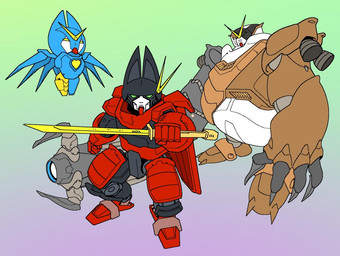 anthro black_body blue_body brown_body female group machine male melee_weapon simple_background sword weapon stanley_von_medvey cartoon_network hasbro mao_mao:_heroes_of_pure_heart takara_tomy transformers adorabat badgerclops sheriff_mao_mao_mao robot 2019 official_art