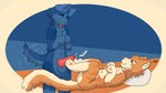 anthro big_penis blue_body blue_fur bodily_fluids cum duo feet foot_fetish foot_play footjob fur genital_fluids genitals green_eyes male male/male orange_body orange_fur paws penile penis sex tail tail_motion tailwag tongue tongue_out abys_171 canid canine canis domestic_dog felid feline mammal hi_res