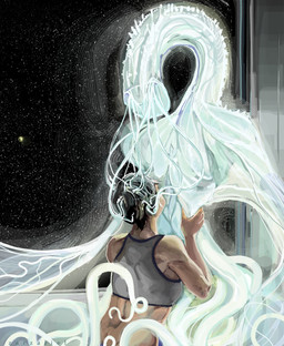 ambiguous_gender black_hair bra clothing duo ethereal_hair faceless_character female hair hand_on_hip horror_(theme) inside interspecies looking_at_another muscular not_furry pale_skin short_hair space sports_bra star suggestive suggestive_pose tentacles teratophilia topwear translucent underwear vein window zarzaliel alien eldritch_abomination human mammal absurd_res hi_res