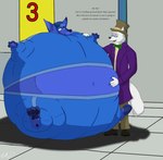 anthro backwards_baseball_cap backwards_hat baseball_cap belly belly_expansion blue_body blue_fur blue_hair blueberry_inflation body_inflation bow_tie clothed clothing dialogue duo expansion exposed_belly fur hair hand_on_belly hat headgear headwear immobile inflation inside male navel open_mouth peril spherical_inflation standing swollen_cheeks text top_hat tracksuit worried ozkangaroo charlie_and_the_chocolate_factory oz_kangaroo arctic_fox canid canine fox kangaroo macropod mammal marsupial true_fox 2019 english_text