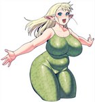 belly big_breasts blonde_hair blue_eyes breasts cleavage clothed clothing cute_fangs fangs female hair huge_breasts humanoid_pointy_ears leaf_pattern not_furry open_mouth open_smile pattern_clothing pointy_ears simple_background slightly_chubby slightly_chubby_female slightly_chubby_humanoid smile solo teeth thick_thighs tight_clothing white_background wide_hips synecdoche plus-sized_elf elfuda_(plus-sized_elf) elf humanoid mammal 2022 hi_res portrait three-quarter_portrait