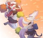 adolescent anthro bottomwear cheerleader clothed clothing duo energetic female flat_chested fur furgonomics jumping multicolored_body multicolored_fur purple_body purple_fur red_body red_eyes red_fur simple_background skirt smile tail tail_through_skirt tongue tongue_out waist_bow white_body white_fur young nintendo pokemon fan_character lyra_woof shoa_mien canid canine generation_5_pokemon generation_7_pokemon lycanroc mammal midnight_lycanroc mienshao pokemon_(species) 2018 digital_media_(artwork)