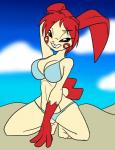 4_fingers anthro beach big_breasts bikini breasts brown_eyes clothing cloud crouching female fingers hair pokemorph pose red_hair sand seaside sky solo swimwear teeth two-piece_swimsuit muniversalarts nintendo pokemon ava_(luircin) generation_3_pokemon mammal plusle pokemon_(species) rodent 2016