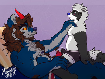 apache bodily_fluids body_hair boxers_(clothing) briefs bulge clothing duo flustered froth genital_fluids horn leaking_precum leaking_through_clothing male male/male precum size_difference underwear mythology mrdarknesswolf_(character) roque canid canine demon hybrid mammal mythological_canine mythological_creature procyonid raccoon werecanid werecanine werecreature werewolf hi_res