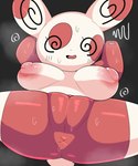 5:6 absurd_res anthro anus areola biped black_background bodily_fluids breasts ebi10000000000 female generation_3_pokemon genitals hi_res nintendo nipples pokemon pokemon_(species) pussy red_body simple_background solo spinda spiral_eyes spread_legs spreading sweat white_body