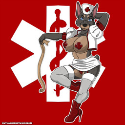 anthro bandage big_breasts blue_eyes boots bottomwear breasts clothing cross female footwear hat headgear headwear high_heeled_boots high_heels legwear looking_at_viewer nipple_tape nipples nurse nurse_clothing nurse_uniform panties pasties pointy_ears pose prick_ears shoes skirt smile solo stockings tape thigh_highs underwear uniform white_bottomwear white_clothing outlandish_studios canid canine canis dobermann domestic_dog mammal pinscher 1:1 2013 hi_res