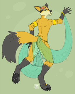 anthro balls butt clothed clothing dancing femboy fur genitals harem lingerie looking_at_viewer looking_back looking_back_at_viewer male pouting solo crystalwhisker canid canine fox mammal digital_media_(artwork) hi_res