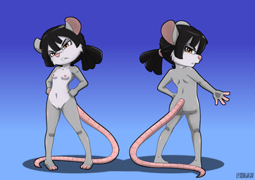 amber_eyes annoyed anthro black_hair blue_background breasts dreadlocks exposure_variation female female_anthro fur genitals gradient_background grey_body grey_fur hair hairless_tail loli multicolored_body multicolored_fur multiple_poses navel nipples nude nude_anthro nude_female pigeon_toed pink_nose pink_tail ponytail pose simple_background small_breasts solo tail two_tone_body two_tone_fur vulva young young_anthro young_female h1draw american_opossum mammal marsupial virginia_opossum absurd_res hi_res watermark