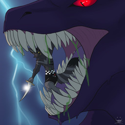 anthro anthro_pred bodily_fluids dripping duo extreme_size_difference fangs goo_drip horn larger_anthro larger_male larger_pred macro macro_pred male male_pred male_prey micro micro_in_mouth micro_prey mouth_shot muscular muscular_anthro muscular_male open_mouth purple_body purple_flesh red_eyes sharp_teeth size_difference slime soft_vore spiked_tail spikes spikes_(anatomy) tail teeth vore willing_pred lady-darkstreak mythology devourer_(razor_koopa) dragon goo_creature goo_dragon mythological_creature mythological_scalie scalie 1:1 2022 absurd_res hi_res