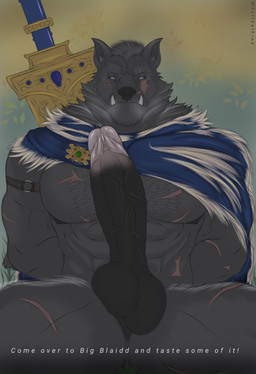 abs anthro armor balls big_penis bodily_fluids circumcised circumcision_scar cloak clothing dialogue erection fangs fur genital_fluids genital_scar genitals grey_body grey_fur humanoid_genitalia humanoid_penis looking_at_viewer male melee_weapon nipples penis precum scar sitting sword teeth text weapon hellbatking elden_ring fromsoftware blaidd_(elden_ring) canid canine canis mammal wolf 2022 absurd_res english_text hi_res