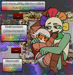 ambiguous_gender clothed clothing curled_up diaper diaper_under_clothing duo feces hug partially_clothed soiled_diaper text unclean_diaper used_diaper audiht blushcrunch_studio dandy's_world roblox dandy_(dandy's_world) shrimpo_(dandy's_world) humanoid toon_(dandy's_world) english_text