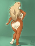 5_toes anthro big_breasts big_butt biped blonde_hair breasts brown_body brown_skin butt butt_heart curling_toes curvy_figure feet female green_background green_eyes hair half-closed_eyes hand_on_hip heart_symbol hindpaw huge_breasts long_hair looking_back mature_anthro mature_female narrowed_eyes naughty_face nude on_one_leg paws pink_nose plantigrade pose rear_view seductive shadow short_tail side_boob simple_background slightly_chubby smile soles solo standing tail thick_thighs toes voluptuous wide_hips madturtle tahnee_monroe eulipotyphlan hedgehog mammal 2013 hi_res