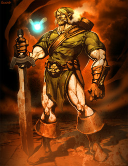 beard belt big_muscles blonde_hair boots cigarette clothing cloud duo facial_hair footwear hair hat headgear headwear male manly melee_weapon muscular not_furry pose shirt shoes smoke smoking standing sword topwear tunic vein weapon genzoman nintendo ocarina_of_time the_legend_of_zelda link navi human mammal 2009