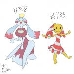 1:1 2019 anthro big_breasts breasts chimecho chingling clothed clothing digital_media_(artwork) duo female generation_3_pokemon generation_4_pokemon hair hi_res huge_breasts nintendo pokemon pokemon_(species) simple_background smile thick_thighs tmm4 white_background