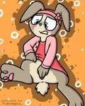 anthro blue_eyes blush bottomless clothed clothing female fur genitals pussy simple_background solo young young_anthro pokefound peter_rabbit_(series) lily_bobtail lagomorph leporid mammal rabbit 2018 4:5 digital_media_(artwork)