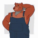 anthro armpit_hair biped blush body_hair clothing cute_fangs fangs male one_eye_closed overalls simple_background slightly_chubby solo teeth wink soulfullhyena little_bear uncle_rusty_(little_bear) bear mammal 1:1 2024 hi_res