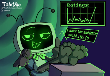 antennae_(anatomy) bow_tie crt electronics feet female foot_fetish foot_focus foot_on_table for_a_head furniture green_body green_eyes green_head grey_arms grey_body grey_legs legs_on_desk machine microphone microphone_tail narrowed_eyes rating_scale screen screen_face sitting smile smiling_at_viewer solo table television text taletoe blushcrunch_studio dandy's_world vee_(dandy's_world) humanoid object_head robot robot_humanoid screen_head toon_(dandy's_world) tv_head hi_res url