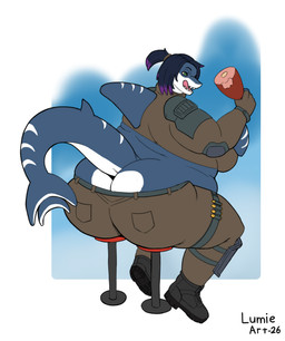 anthro belly butt clothing eating female food hungry meat military_uniform obese obese_anthro obese_female overweight overweight_anthro overweight_female rear_view shark_tail uniform lumieart aquatic fish shark hi_res