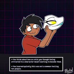 anthro black_back black_hair blush bodily_fluids clothed clothing duo female hair imminent_transformation inner_monologue male mask open_mouth sweat text text_box thinking toony_expression yellow_eyes tf-sential deltarune undertale_(series) tasque_manager digital_creature human mammal 1:1 english_text hi_res signature