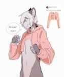 5_fingers anthro bottomless bottomless_anthro bottomless_male clothed clothing dialogue fingers fur grey_body grey_fur hair inner_ear_fluff looking_at_clothing looking_at_object male navel pink_clothing pink_topwear real simple_background solo speech_bubble stated_homosexuality stated_sexuality text topwear tuft white_background white_hair notglacier meme_clothing twitter silvermist_(notglacier) domestic_cat felid feline felis mammal 2018 absurd_res digital_drawing_(artwork) digital_media_(artwork) english_description english_text half-length_portrait hi_res meme portrait