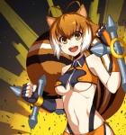 abstract_background antenna_hair bottomwear breasts brown_eyes brown_hair clothing club_(weapon) explosion female gloves hair handwear melee_weapon midriff nightstick open_mouth simple_background skirt smile solo squirrel_tail suspenders under_boob weapon purinnssu arc_system_works blazblue makoto_nanaya animal_humanoid humanoid mammal mammal_humanoid rodent rodent_humanoid sciurid sciurid_humanoid tree_squirrel tree_squirrel_humanoid