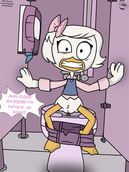 anthro bathroom bottomwear bottomwear_down clothing crotch_tuft dialogue feces feces_in_ass female genitals looking_at_viewer pooping pooping_in_toilet pubes public_restroom restroom_stall sitting sitting_on_toilet skirt_down solo surprised toilet toilet_paper toilet_use tuft vulva walk-in yelling_at_viewer young young_female thedispenser69 disney ducktales webby_vanderquack anatid anseriform avian bird duck 3:4 hi_res