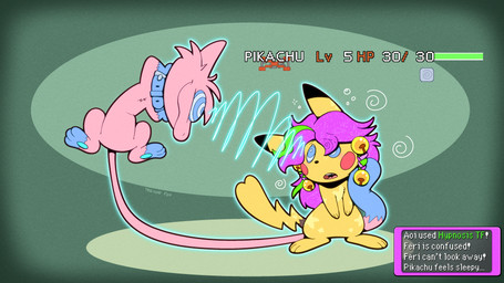 after_transformation blue_body blue_collar blue_fur collar duo eye_contact fur gameplay_mechanics hypnosis hypnotic_eyes hypnotized_eyes hypnotized_female implied_transformation looking_at_another mind_control pink_body pink_fur ringed_eyes status_effect text transformation transformation_through_hypnosis yellow_body yellow_fur trevor-fox nintendo pokemon aoi_(wuppy245) generation_1_pokemon legendary_pokemon mew_(pokemon) pikachu pokemon_(species) 16:9 english_text hi_res widescreen