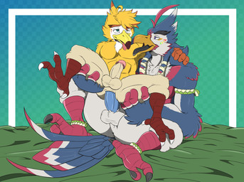 anal anal_penetration anthro anus avian_feet balls beak duo erection feathers feet from_behind_position genitals half-closed_eyes holding_partner male male/male male_penetrated male_penetrating male_penetrating_male narrowed_eyes nude open_beak open_mouth penetration penile penile_penetration penis penis_in_ass sex simple_background sitting spread_legs spreading tail tail_feathers talons toes tongue tongue_out likangel nintendo the_legend_of_zelda avian bird rito absurd_res digital_media_(artwork) hi_res