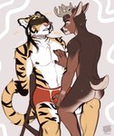 anthro black_nose blindfold brown_hair bulge bulge_fondling bulge_grab butt clothed clothing duo hair male male/male nipples nude on_lap pec_grab pecs pink_nose sitting_on_lap topless underwear kaionart deer felid mammal pantherine tiger hi_res